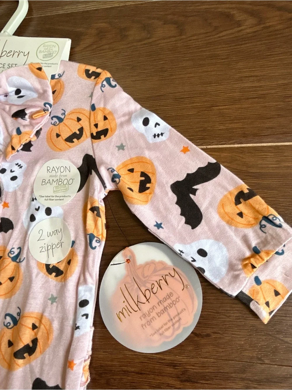 Milkberry Halloween Ruffle Bamboo Footie & Bow Set 6-9m Pumpkin Skull Bat